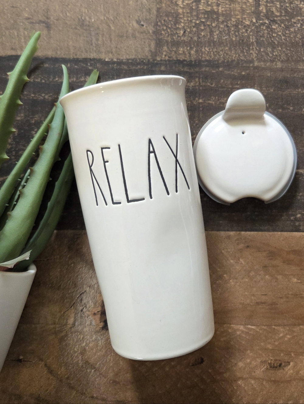RAE DUNN Artisan Collection White Ceramic 'RELAX' Travel Mug With Lid